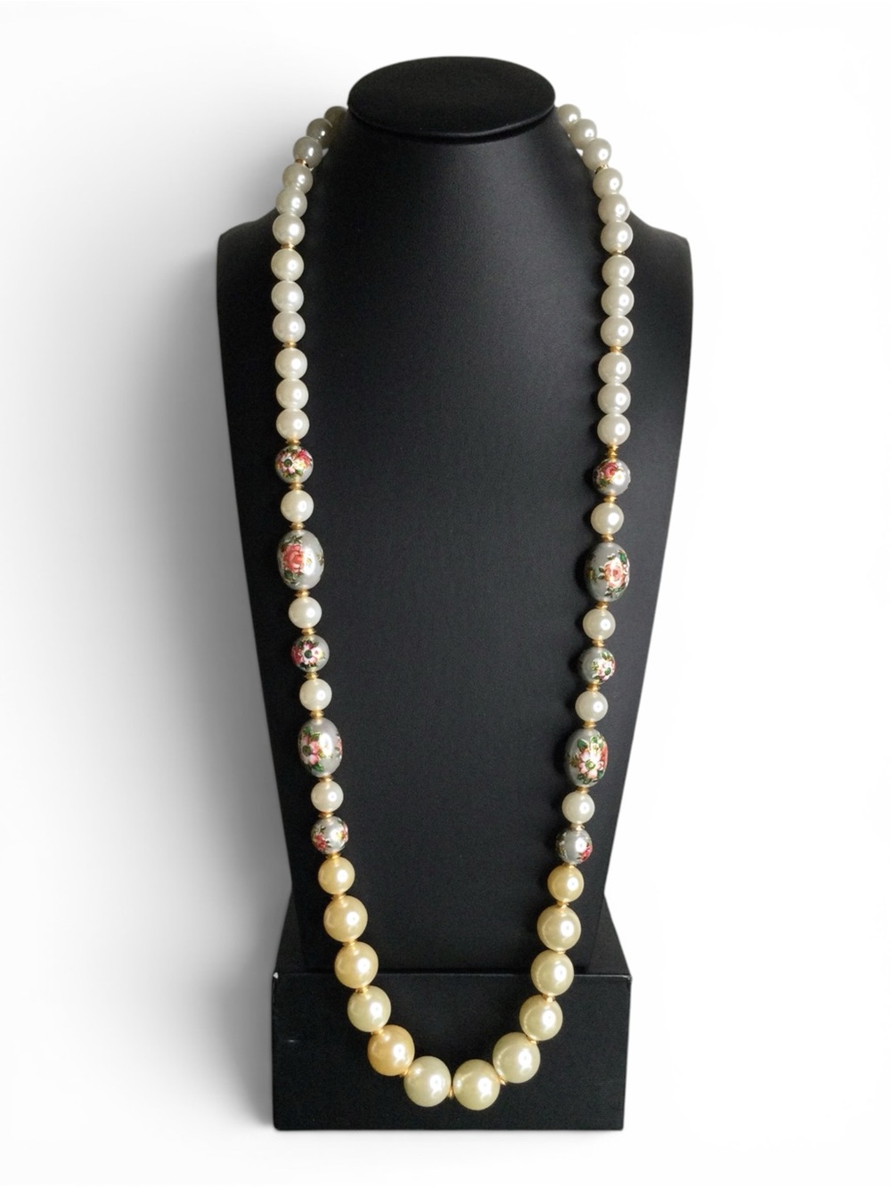 Vtg Graduated Faux‑Pearl Necklace w/ Gray Lacquered Tensha‑Style Floral Beads - Picture 1 of 15